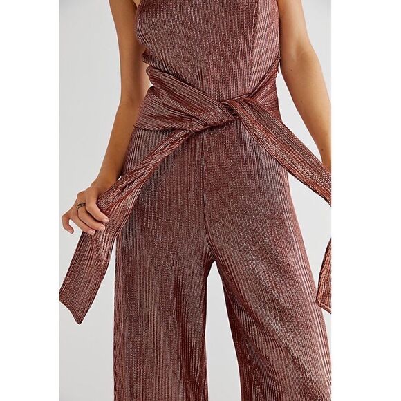 Free People Shimmer and Shine Metallic Rose Gold Jumpsuit - Picture 4 of 10